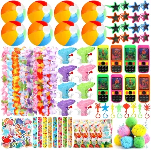 124PCS Pool Beach Party Favors for Kids 3-12 Summer Bag Stuffers, Hawaiian Toy Gifts, Birthday Party Supplies, Hawaiian Leis, Water Guns, Beach Ball, Sunglasses, Handheld Water Ring Games, Water Balls