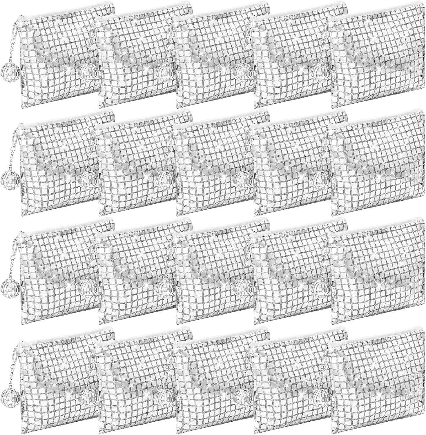 20 Pack Disco Cosmetic Bags Portable Silver Glitter Sequin Mirror Makeup Organizer with Zipper, Suit for Bachelorette, New Years Eve, 70s, 80s, 90s Disco Party Favors