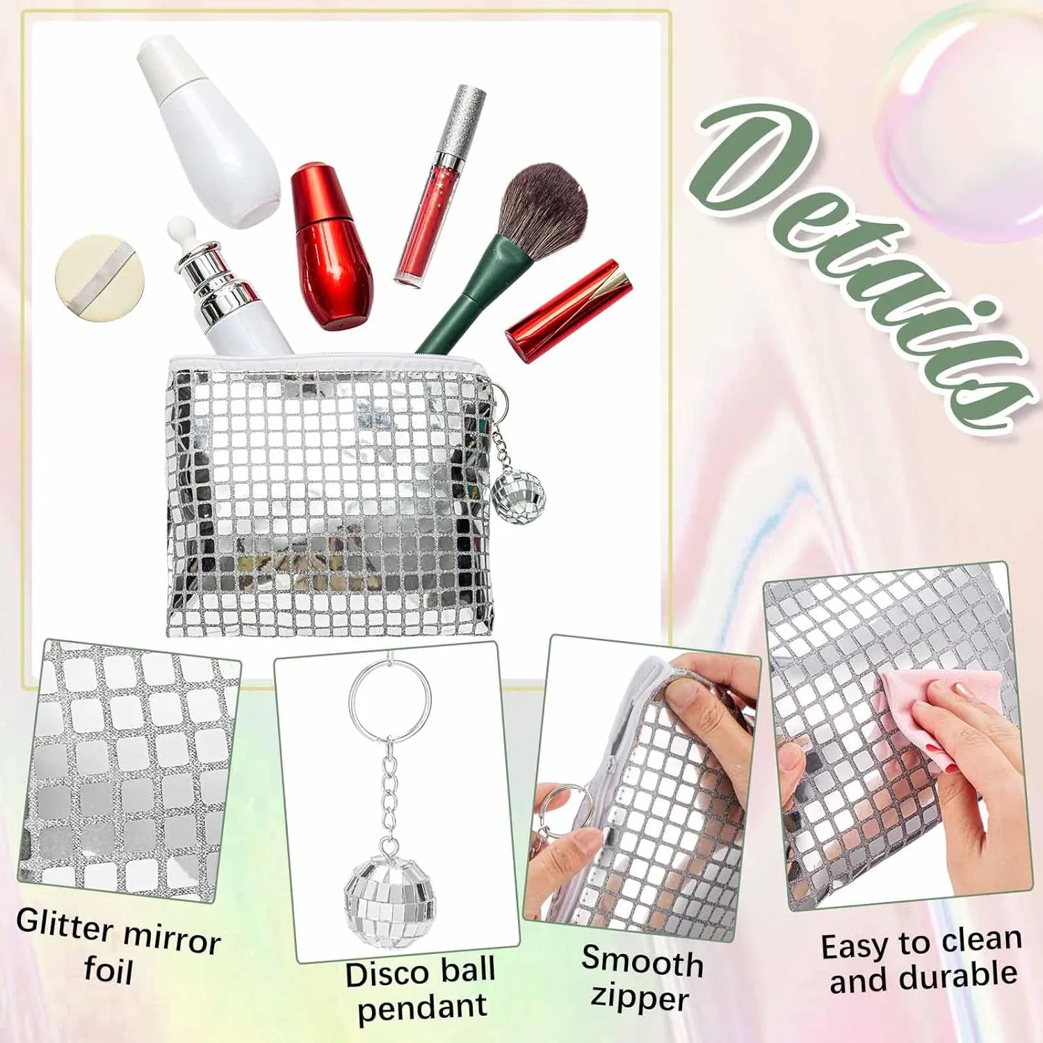 20 Pack Disco Cosmetic Bags Portable Silver Glitter Sequin Mirror Makeup Organizer with Zipper, Suit for Bachelorette, New Years Eve, 70s, 80s, 90s Disco Party Favors