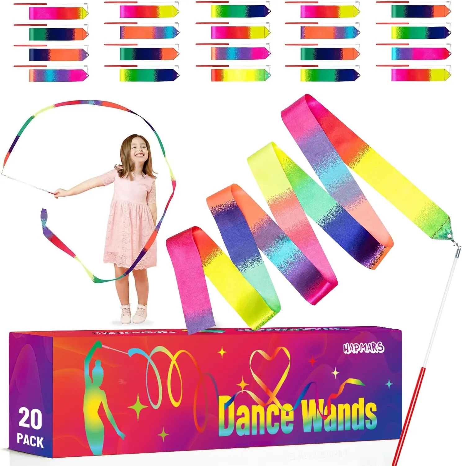 20 Pack Ribbon Dancer Wands for Kids, Rainbow Streamers, Party Favors Goodie Bags Stuffers, Girls Birthday Gifts for Dance Gymnastics Pretend Play Princess Cat