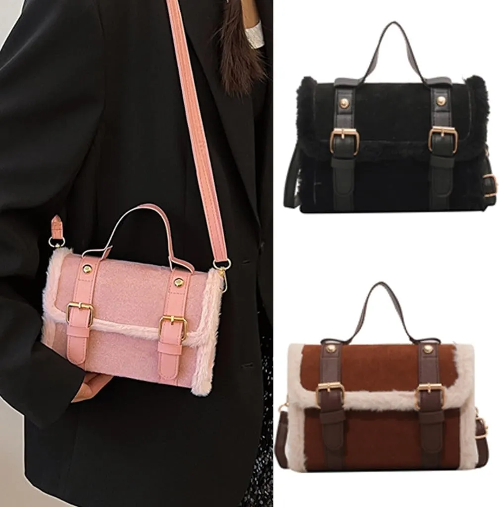 2024 Women's Winter Furry Plush Velvet Small Square Handbag French Style Crossbody Purse Shoulder Bag for Women Girls