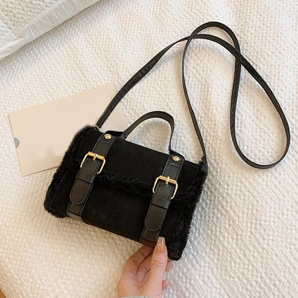 2024 Women's Winter Furry Plush Velvet Small Square Handbag French Style Crossbody Purse Shoulder Bag for Women Girls
