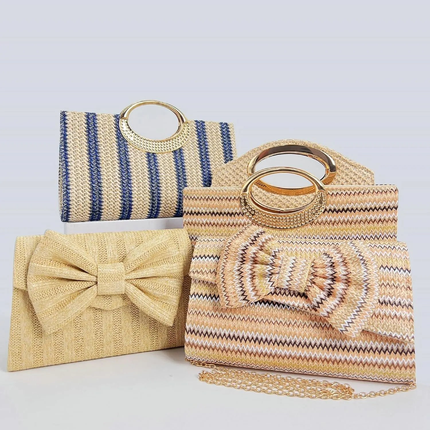 2025 Straw Beach Bag Women Woven Tote Crochet Crossbody Purse Wedding Clutch Striped Summer Bow Flip Top Handbag