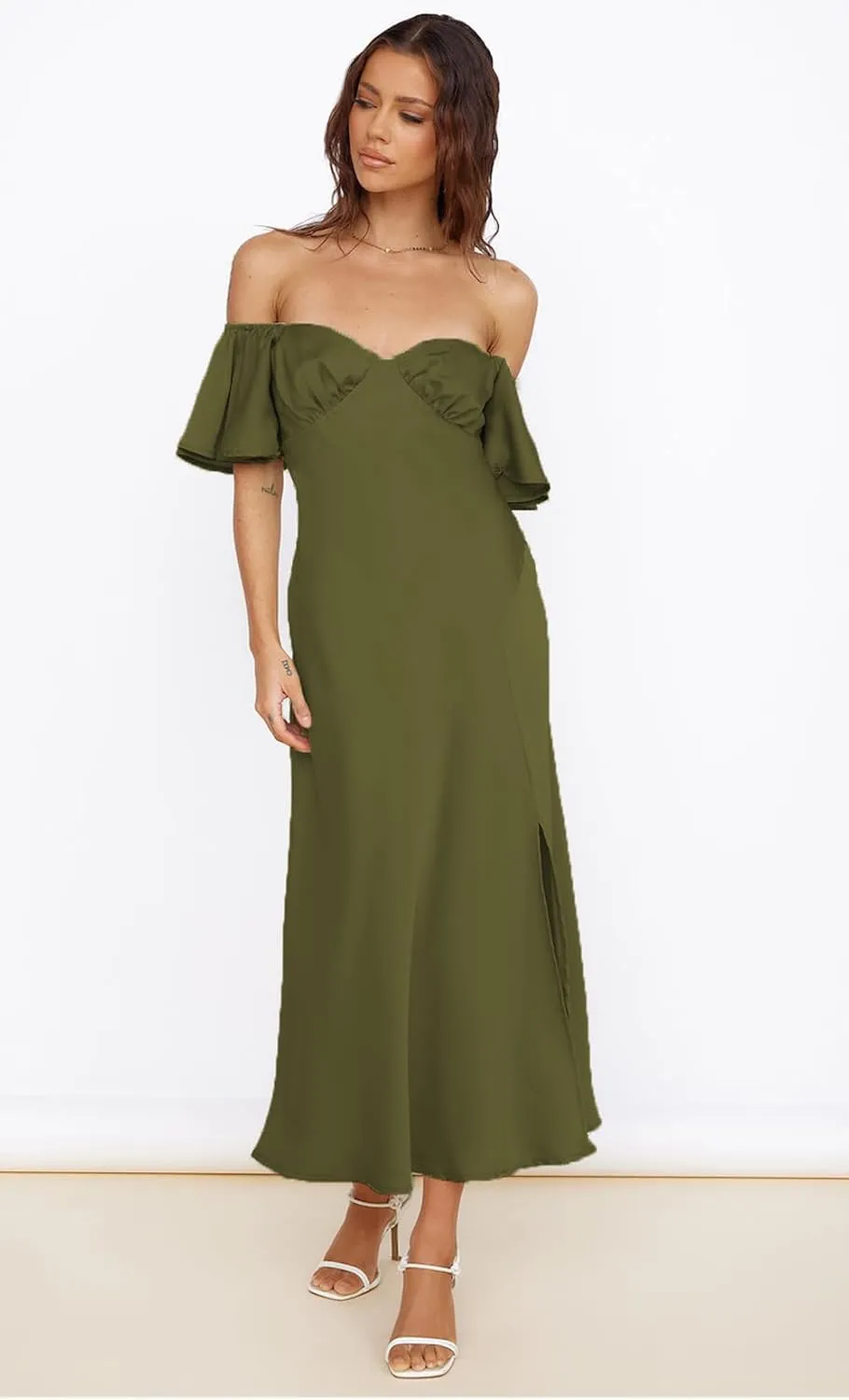 2025 Summer Women's Satin Off Shoulder Formal Dress Wedding Guest Elegant Butterfly Sleeve Split Cocktail Prom Midi Dresses