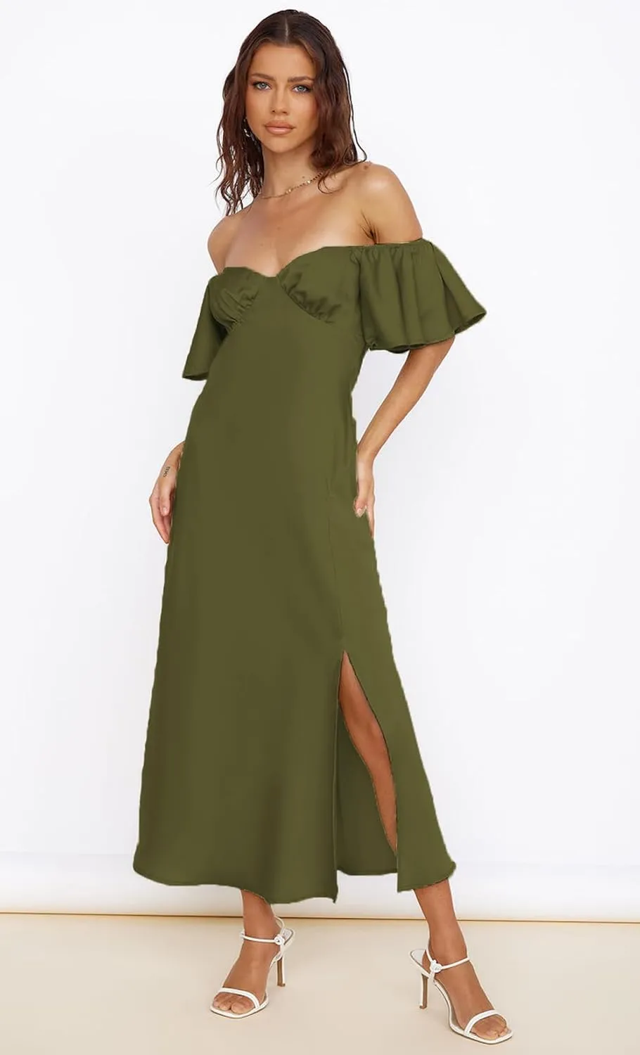 2025 Summer Women's Satin Off Shoulder Formal Dress Wedding Guest Elegant Butterfly Sleeve Split Cocktail Prom Midi Dresses