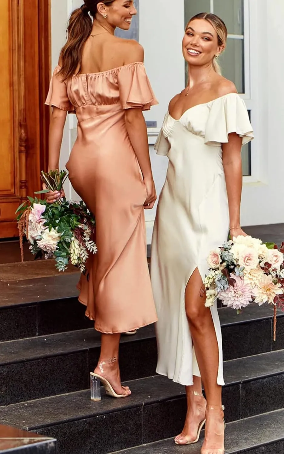2025 Summer Women's Satin Off Shoulder Formal Dress Wedding Guest Elegant Butterfly Sleeve Split Cocktail Prom Midi Dresses