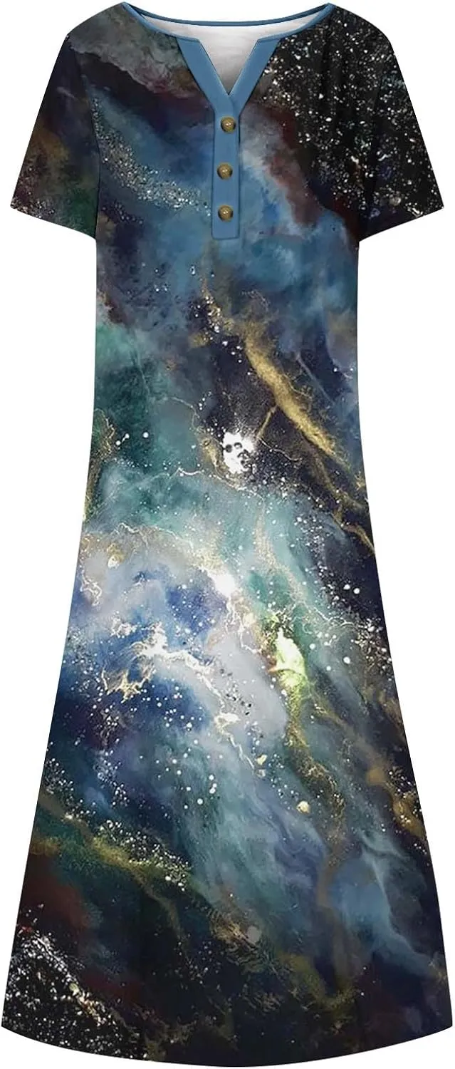 2025 Women Fashion Printed Dresses Button V-Neck Short Sleeve Casual Side Pocket Flowy Dresses Novelty Summer Clothes