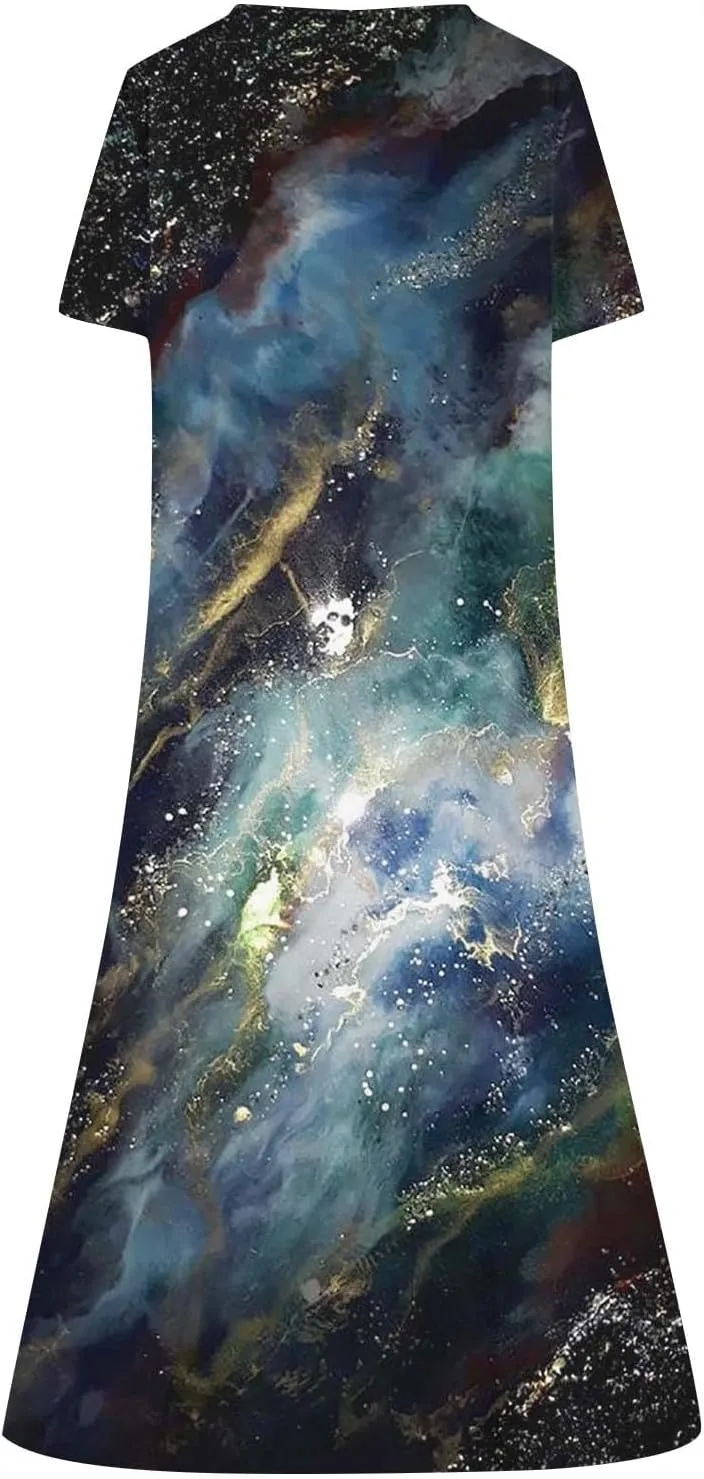 2025 Women Fashion Printed Dresses Button V-Neck Short Sleeve Casual Side Pocket Flowy Dresses Novelty Summer Clothes