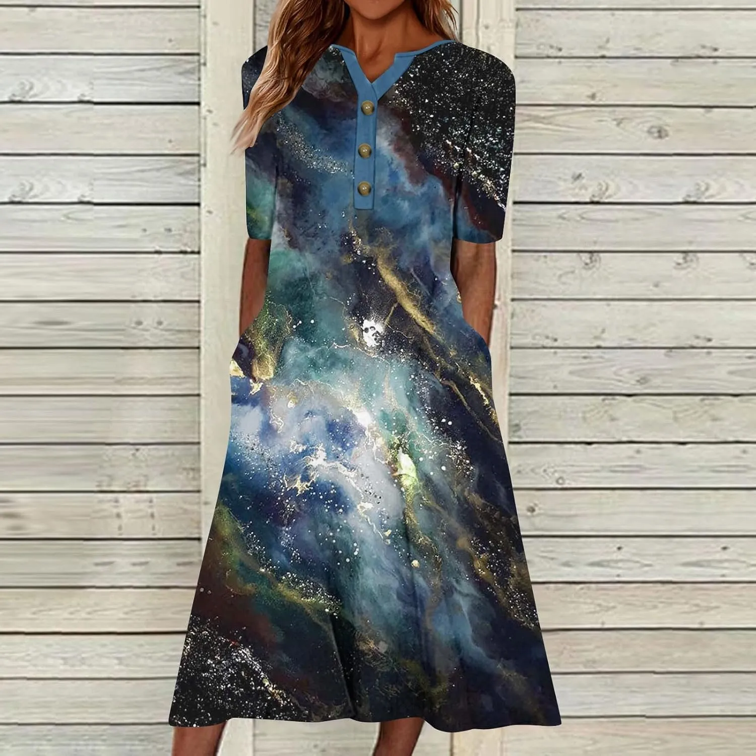 2025 Women Fashion Printed Dresses Button V-Neck Short Sleeve Casual Side Pocket Flowy Dresses Novelty Summer Clothes