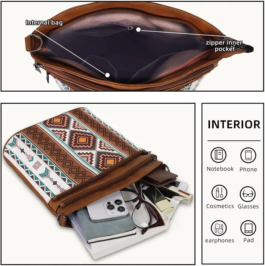 2pcs Bohemian Handbag Set Retro Ethnic Shoulder Bag, PU Leather, Large Capacity, Zipper Closure, Ideal for Vacation, Travel