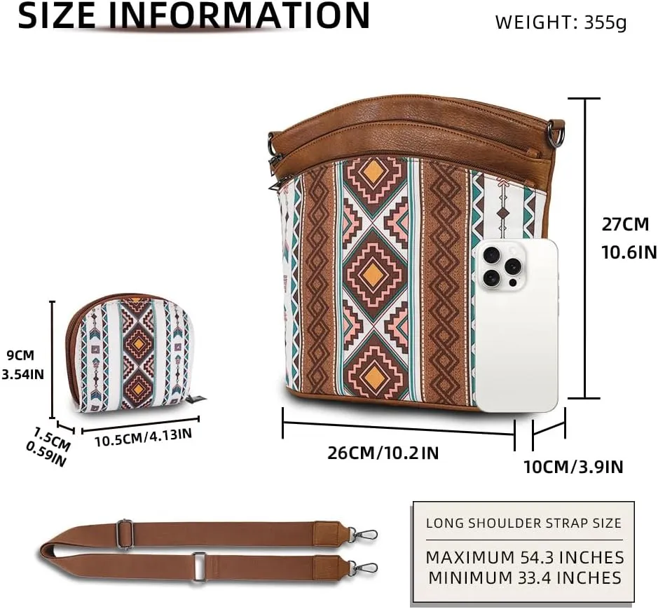 2pcs Bohemian Handbag Set Retro Ethnic Shoulder Bag, PU Leather, Large Capacity, Zipper Closure, Ideal for Vacation, Travel