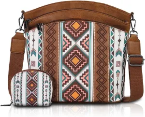 2pcs Bohemian Handbag Set Retro Ethnic Shoulder Bag, PU Leather, Large Capacity, Zipper Closure, Ideal for Vacation, Travel