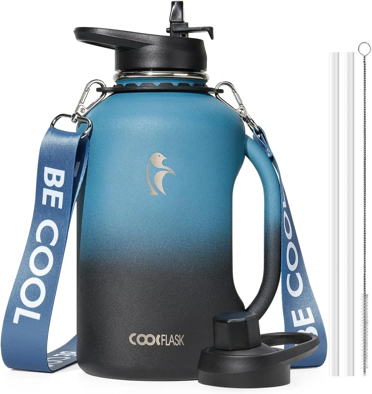 64 oz Water Bottle Insulated with Handle, Coolflask Half Gallon Water Jug With Strap Straw Stainless Steel Double-Walled Vacuum Metal Large Flask Leakproof, Keep Cold 48 Hrs Hot 24hrs, Prussian Blue