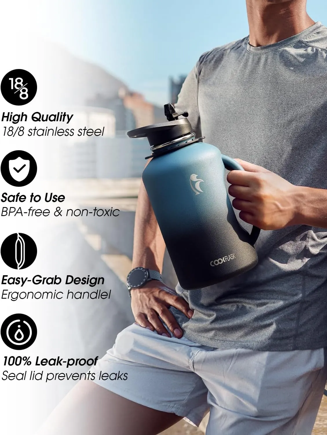 64 oz Water Bottle Insulated with Handle, Coolflask Half Gallon Water Jug With Strap Straw Stainless Steel Double-Walled Vacuum Metal Large Flask Leakproof, Keep Cold 48 Hrs Hot 24hrs, Prussian Blue