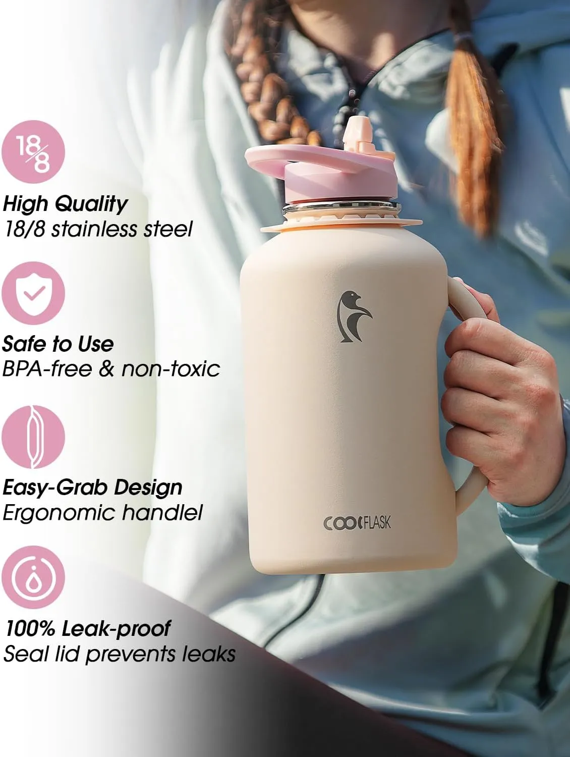 64oz Insulated Water Bottle, Coolflask Half Gallon Water Jug With Handle Straw Stainless Steel Double-Walled Vacuum Metal Large Flask With Strap Non-BPA Leakproof, Keep Cold 48 Hrs, Apricot Pink