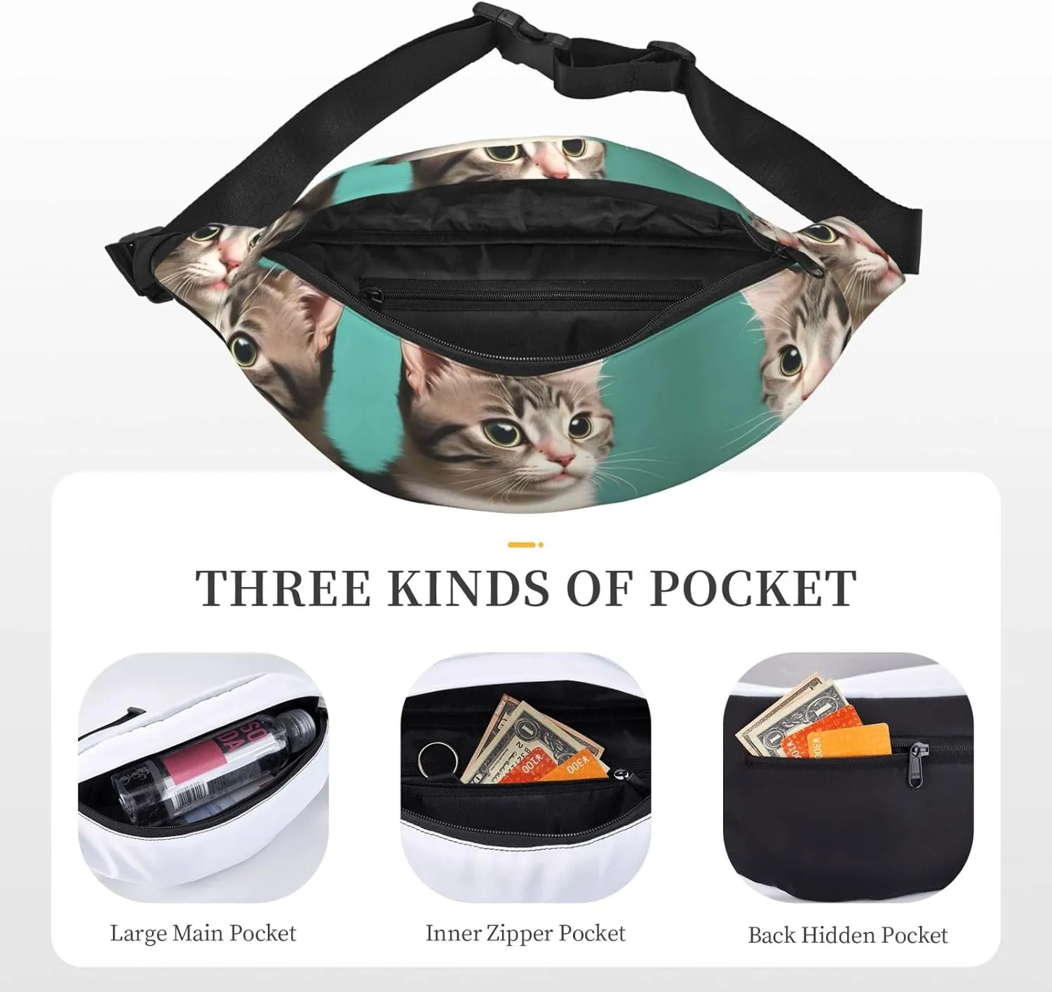 A Curious Cat Print Large Crossbody Fanny Pack, Cute Waterproof Waist Pack Belt Bag For Men, Women, Stylish Running Accessory