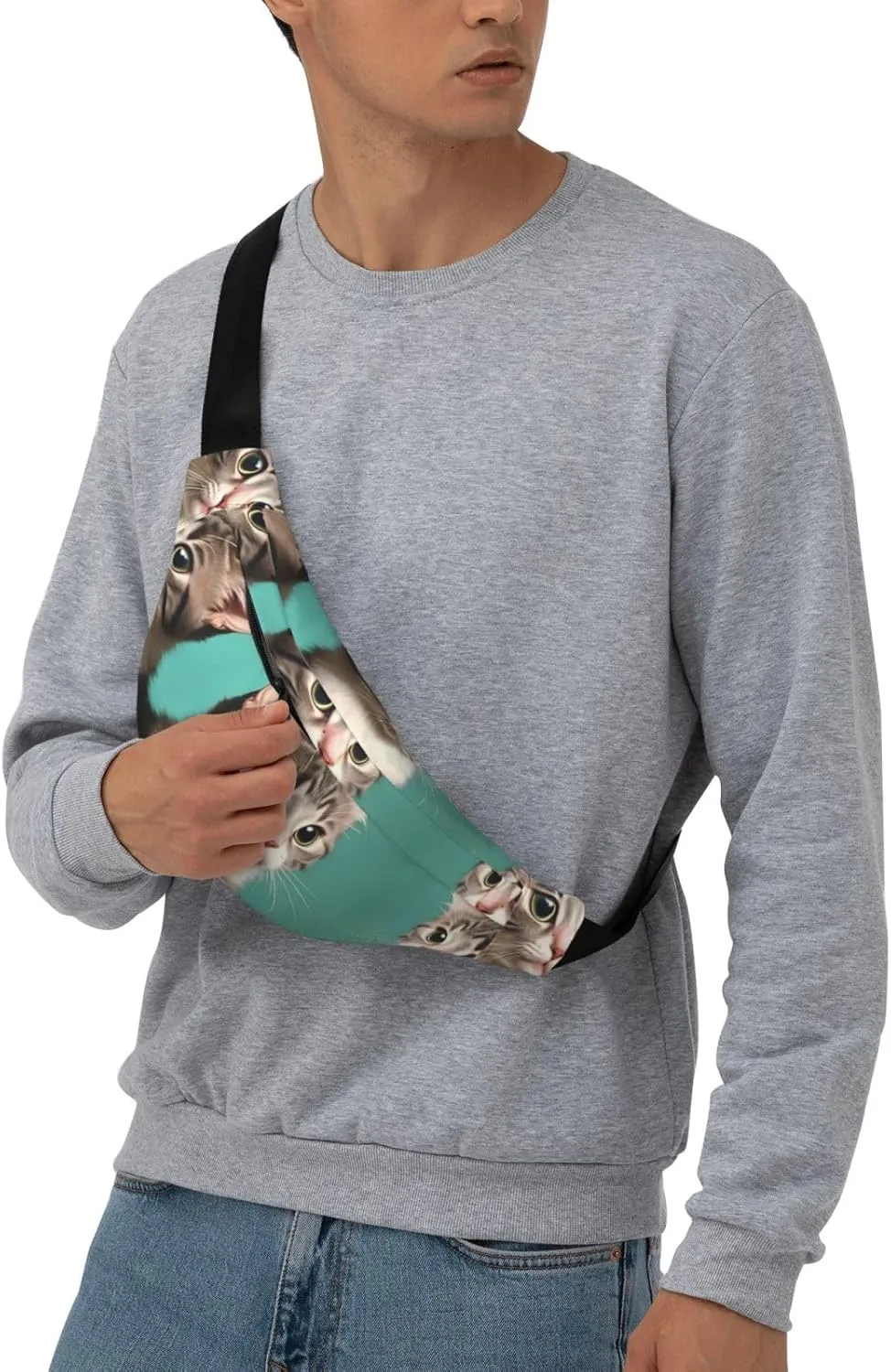 A Curious Cat Print Large Crossbody Fanny Pack, Cute Waterproof Waist Pack Belt Bag For Men, Women, Stylish Running Accessory
