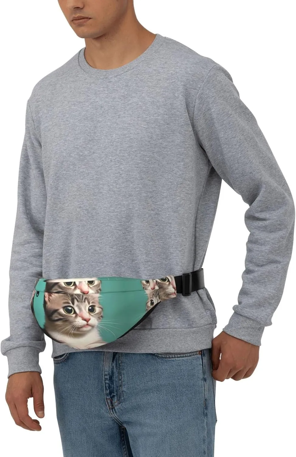 A Curious Cat Print Large Crossbody Fanny Pack, Cute Waterproof Waist Pack Belt Bag For Men, Women, Stylish Running Accessory