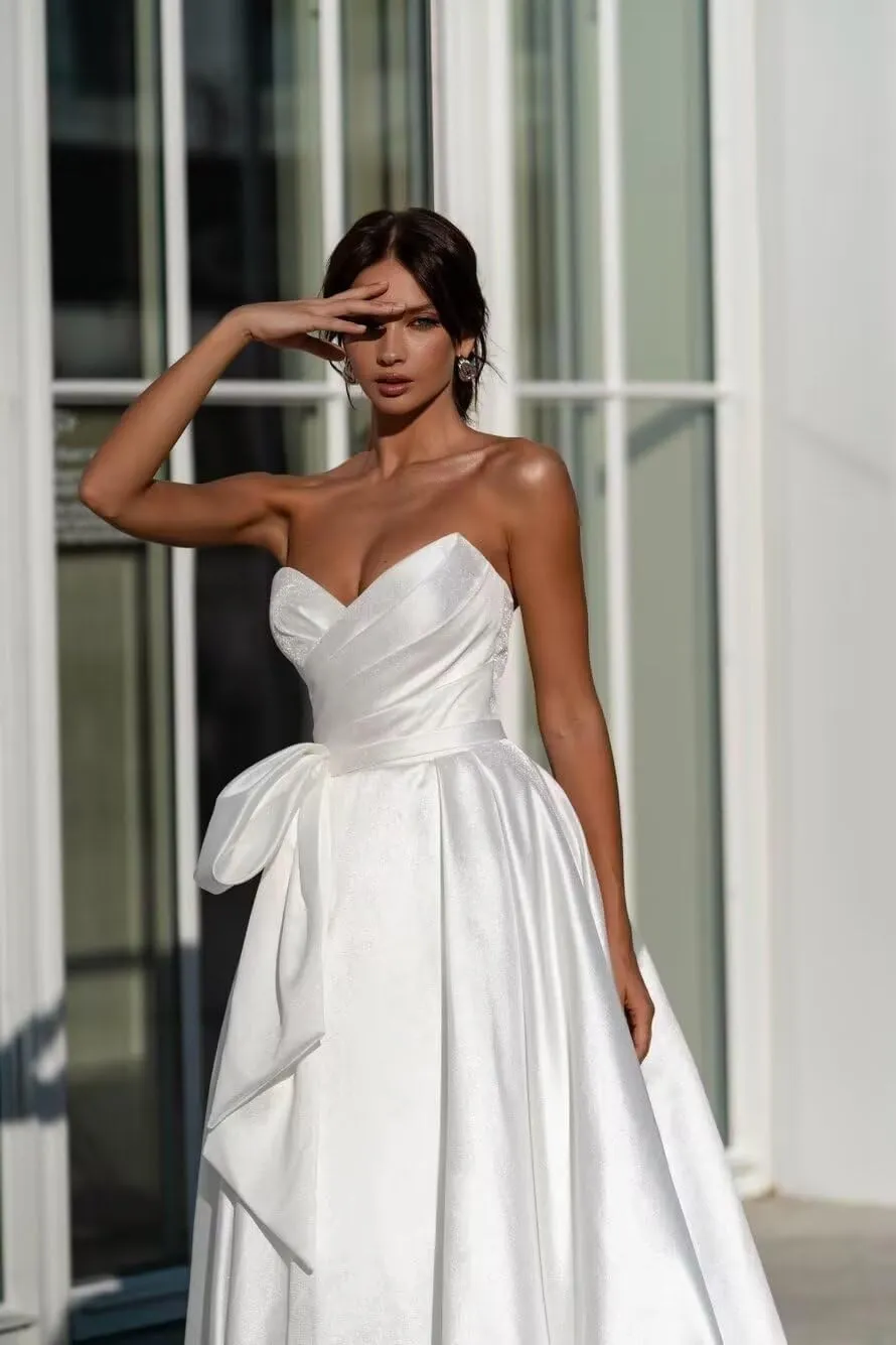 A Line Satin Long Wedding Dress for Bride, V Neck Formal Evening Gown Prom Party Dress for Women with Slit