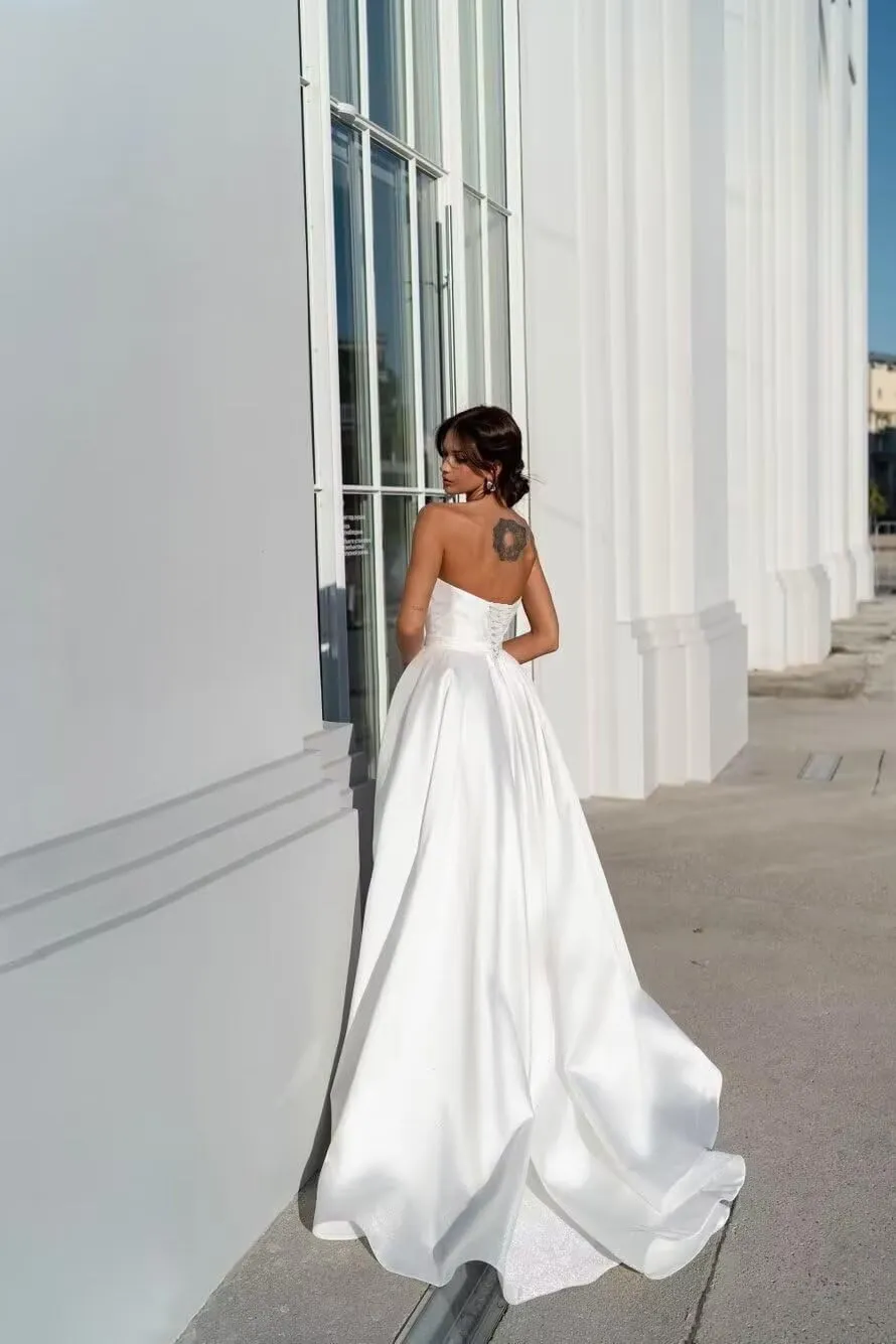 A Line Satin Long Wedding Dress for Bride, V Neck Formal Evening Gown Prom Party Dress for Women with Slit