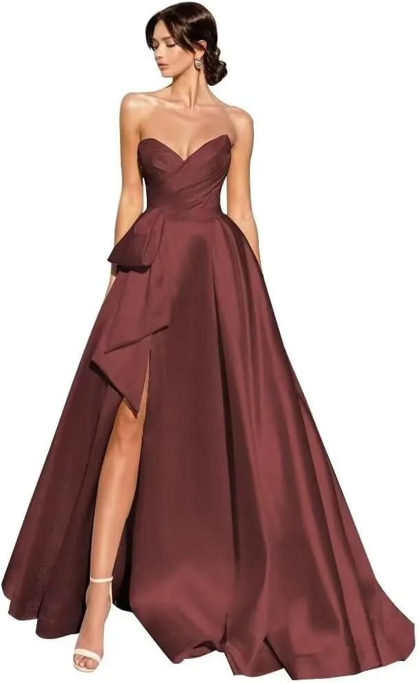 A Line Satin Long Wedding Dress for Bride, V Neck Formal Evening Gown Prom Party Dress for Women with Slit