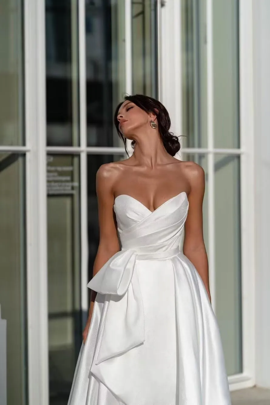A Line Satin Long Wedding Dress for Bride, V Neck Formal Evening Gown Prom Party Dress for Women with Slit