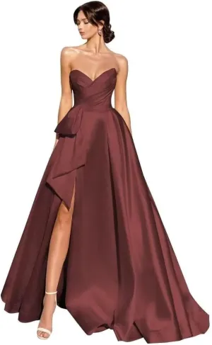 A Line Satin Long Wedding Dress for Bride, V Neck Formal Evening Gown Prom Party Dress for Women with Slit