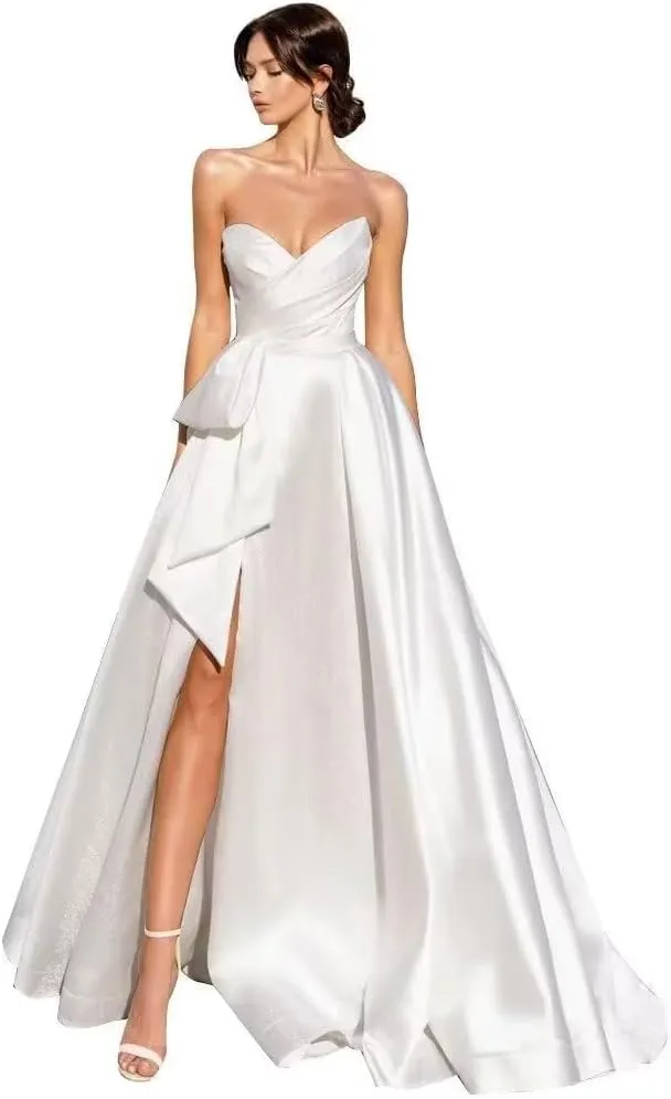 A Line Satin Long Wedding Dress for Bride, V Neck Formal Evening Gown Prom Party Dress for Women with Slit