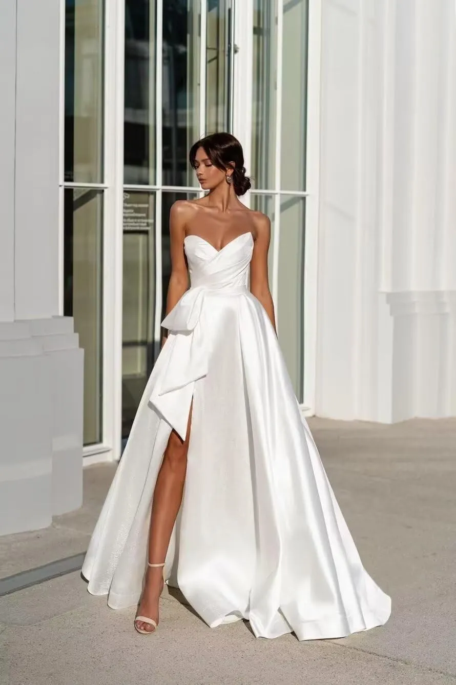 A Line Satin Long Wedding Dress for Bride, V Neck Formal Evening Gown Prom Party Dress for Women with Slit