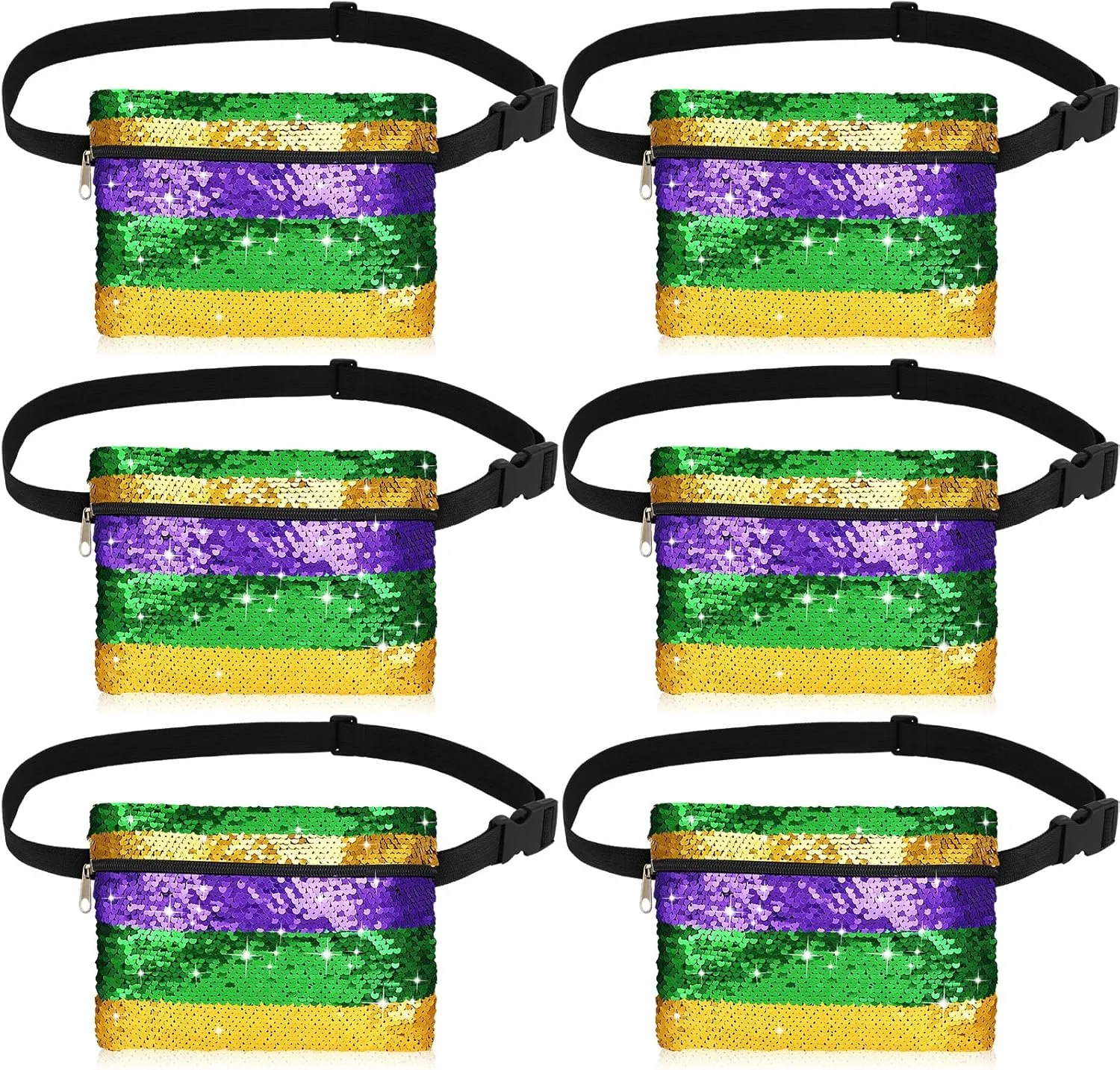 Abbylike 6 Pcs Mardi Gras Sequin Fanny Packs for Women Adjustable Mardi Gras Purse Accessories Adult Unisex Stripe Sequin Fanny Pack for Carnival Party Lovers Outfit Accessories