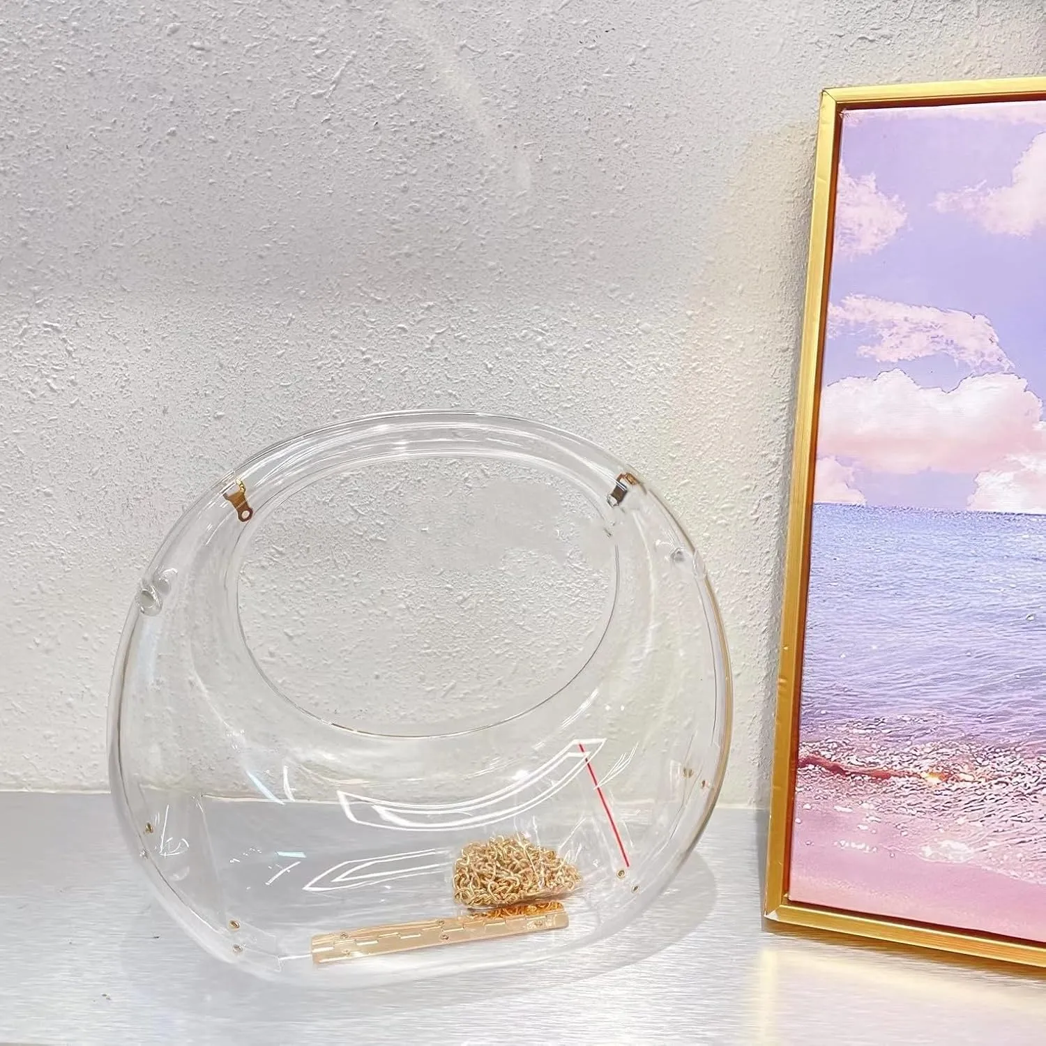 Acrylic Evening Clutch Purse Top-handle Moon Hobo Bag, Elegant Marble Handbag for Wedding Cocktail Party