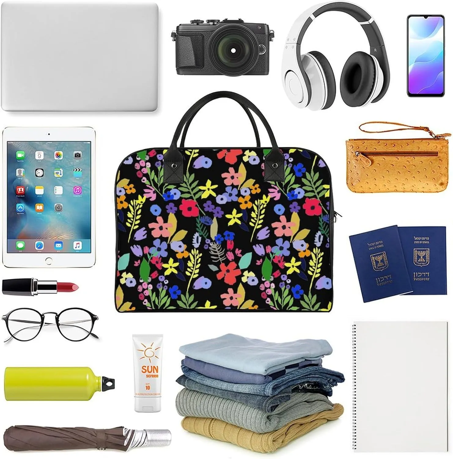 Adults Large Capacity Nylon Colorful Floral Fashion Handbag for Traveling 13" X 19" X 8"