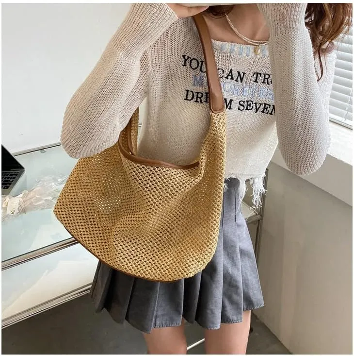 Aesthetic Boho Woven Bag Women Kawaii Wicker Purse Coquette Tote Bag Fairycore Rattan Bag Cute Straw Crossbody Bag (Brown,One size)