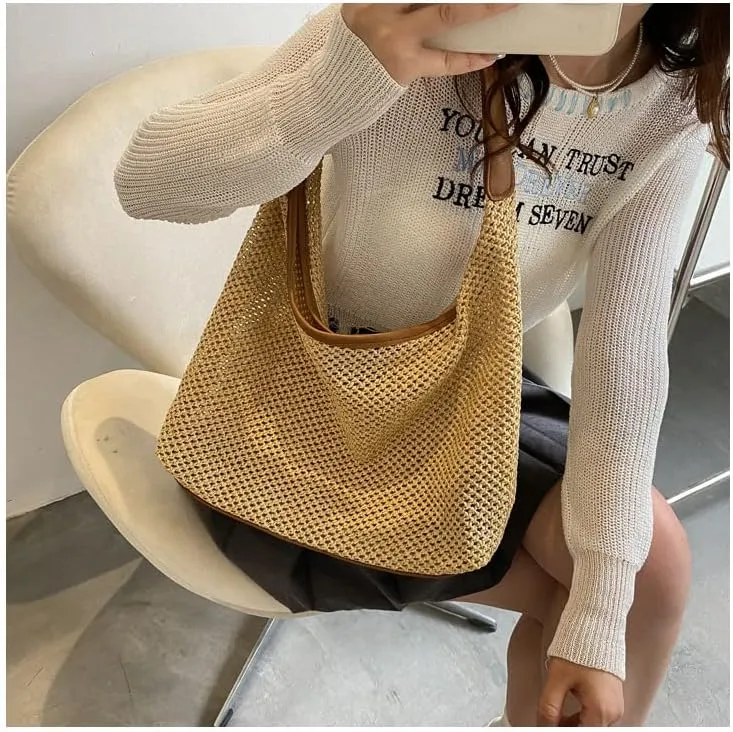 Aesthetic Boho Woven Bag Women Kawaii Wicker Purse Coquette Tote Bag Fairycore Rattan Bag Cute Straw Crossbody Bag (Brown,One size)