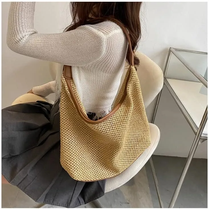 Aesthetic Boho Woven Bag Women Kawaii Wicker Purse Coquette Tote Bag Fairycore Rattan Bag Cute Straw Crossbody Bag (Brown,One size)