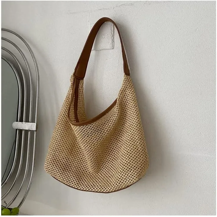 Aesthetic Boho Woven Bag Women Kawaii Wicker Purse Coquette Tote Bag Fairycore Rattan Bag Cute Straw Crossbody Bag (Brown,One size)