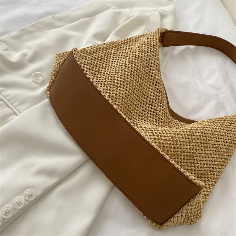 Aesthetic Boho Woven Bag Women Kawaii Wicker Purse Coquette Tote Bag Fairycore Rattan Bag Cute Straw Crossbody Bag (Brown,One size)