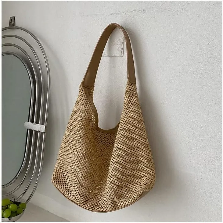 Aesthetic Boho Woven Bag Women Kawaii Wicker Purse Coquette Tote Bag Fairycore Rattan Bag Cute Straw Crossbody Bag (Brown,One size)
