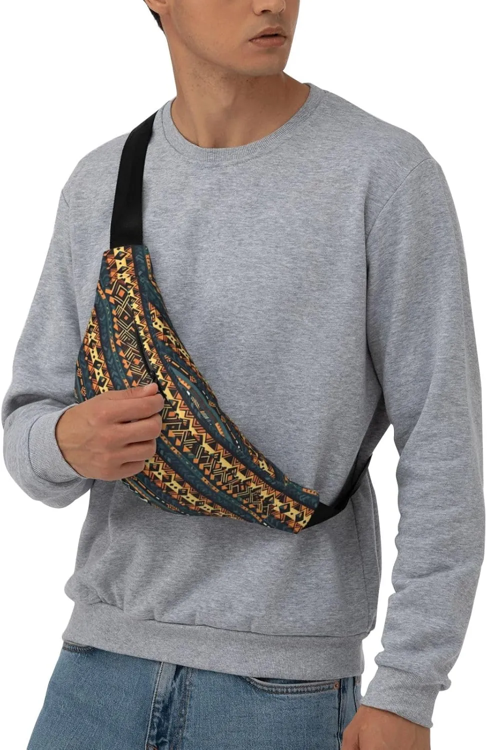 African Tribal Ethnic Texture Print Large Crossbody Fanny Pack, Cute Waterproof Waist Pack Belt Bag For Men, Women, Stylish Running Accessory
