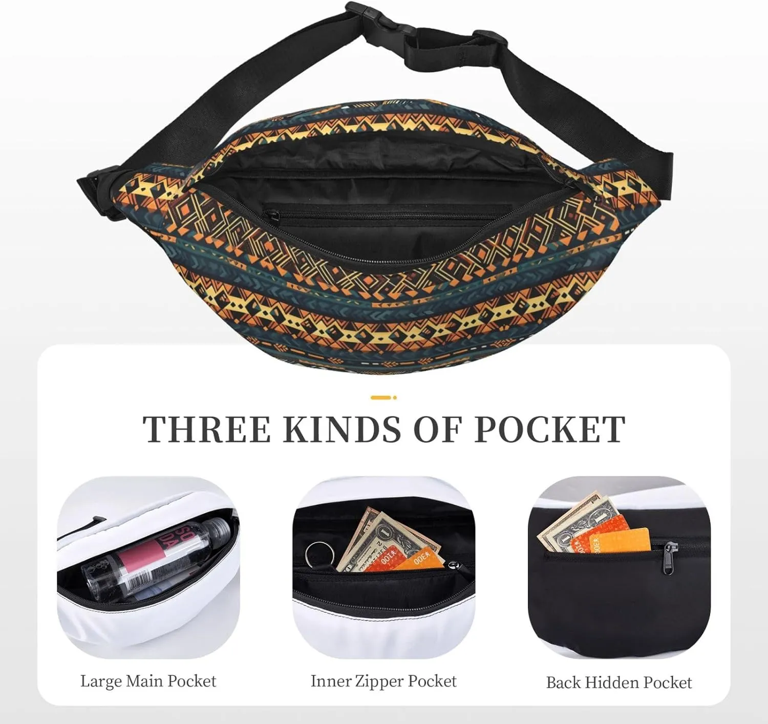 African Tribal Ethnic Texture Print Large Crossbody Fanny Pack, Cute Waterproof Waist Pack Belt Bag For Men, Women, Stylish Running Accessory