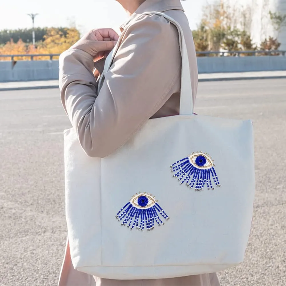 AHANDMAKER 4 Pcs Eye Beaded Patches for Clothes, Blue Evil Eye Sequined Patch with Beads Tassel Sew on Rhinestone Beaded Applique for Clothes Jackets Jeans Bags Embroidery Garment Accessory