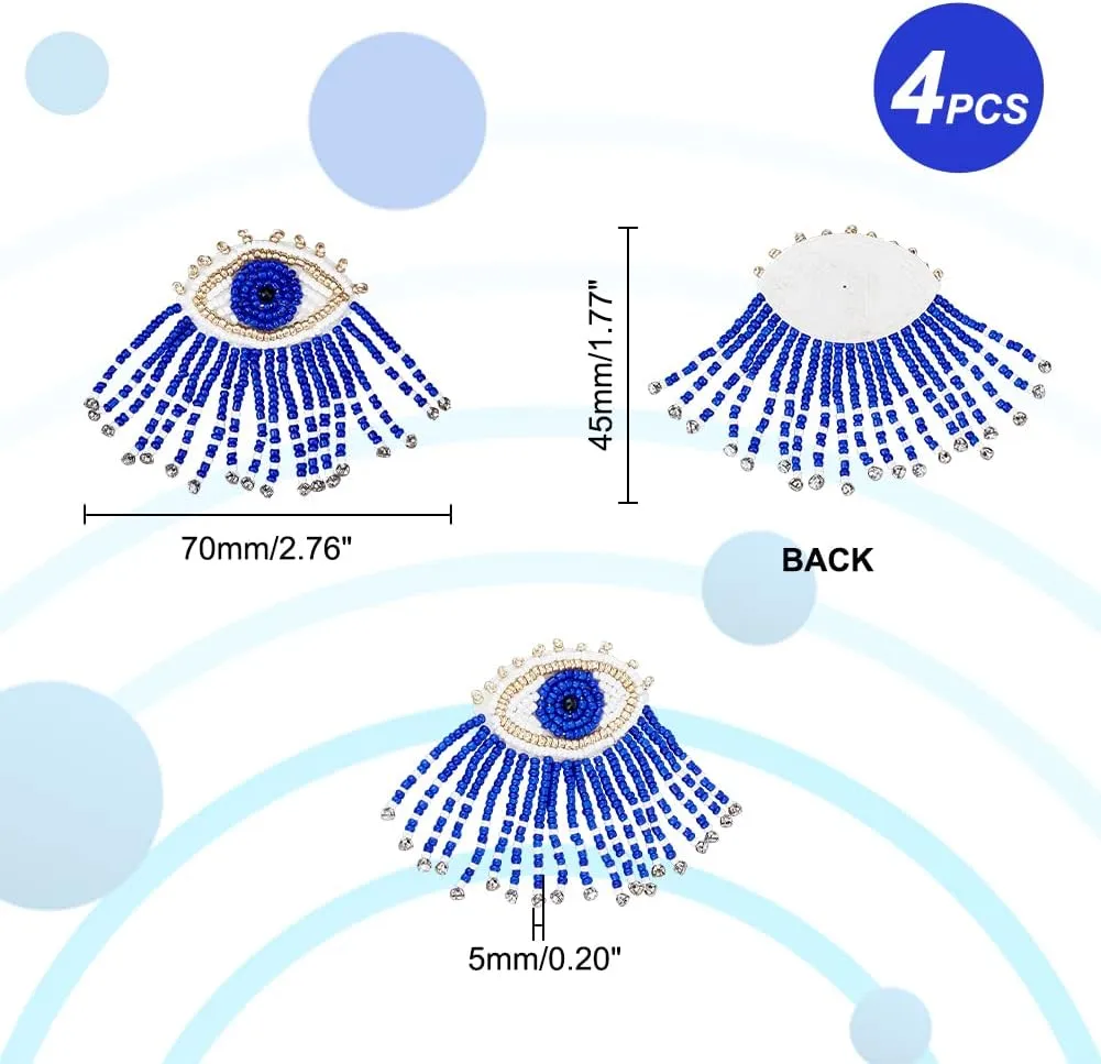 AHANDMAKER 4 Pcs Eye Beaded Patches for Clothes, Blue Evil Eye Sequined Patch with Beads Tassel Sew on Rhinestone Beaded Applique for Clothes Jackets Jeans Bags Embroidery Garment Accessory