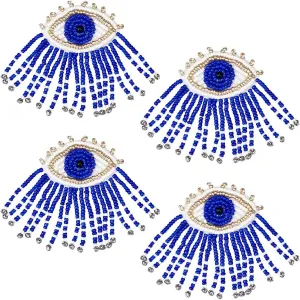 AHANDMAKER 4 Pcs Eye Beaded Patches for Clothes, Blue Evil Eye Sequined Patch with Beads Tassel Sew on Rhinestone Beaded Applique for Clothes Jackets Jeans Bags Embroidery Garment Accessory