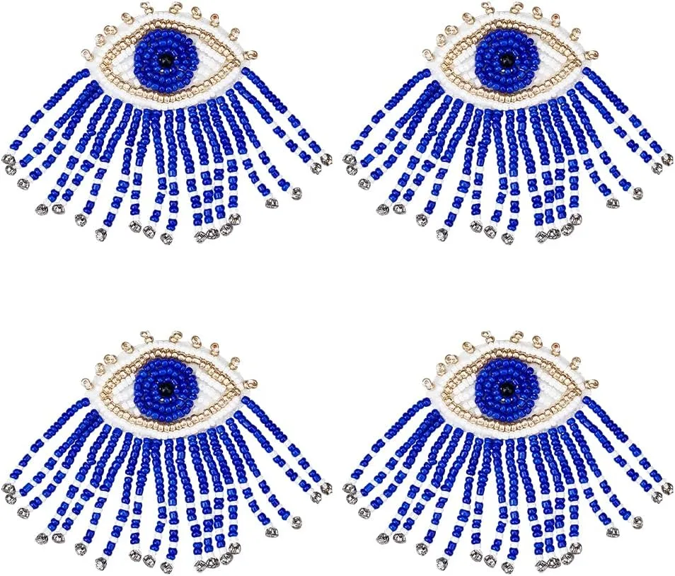 AHANDMAKER 4 Pcs Eye Beaded Patches for Clothes, Blue Evil Eye Sequined Patch with Beads Tassel Sew on Rhinestone Beaded Applique for Clothes Jackets Jeans Bags Embroidery Garment Accessory