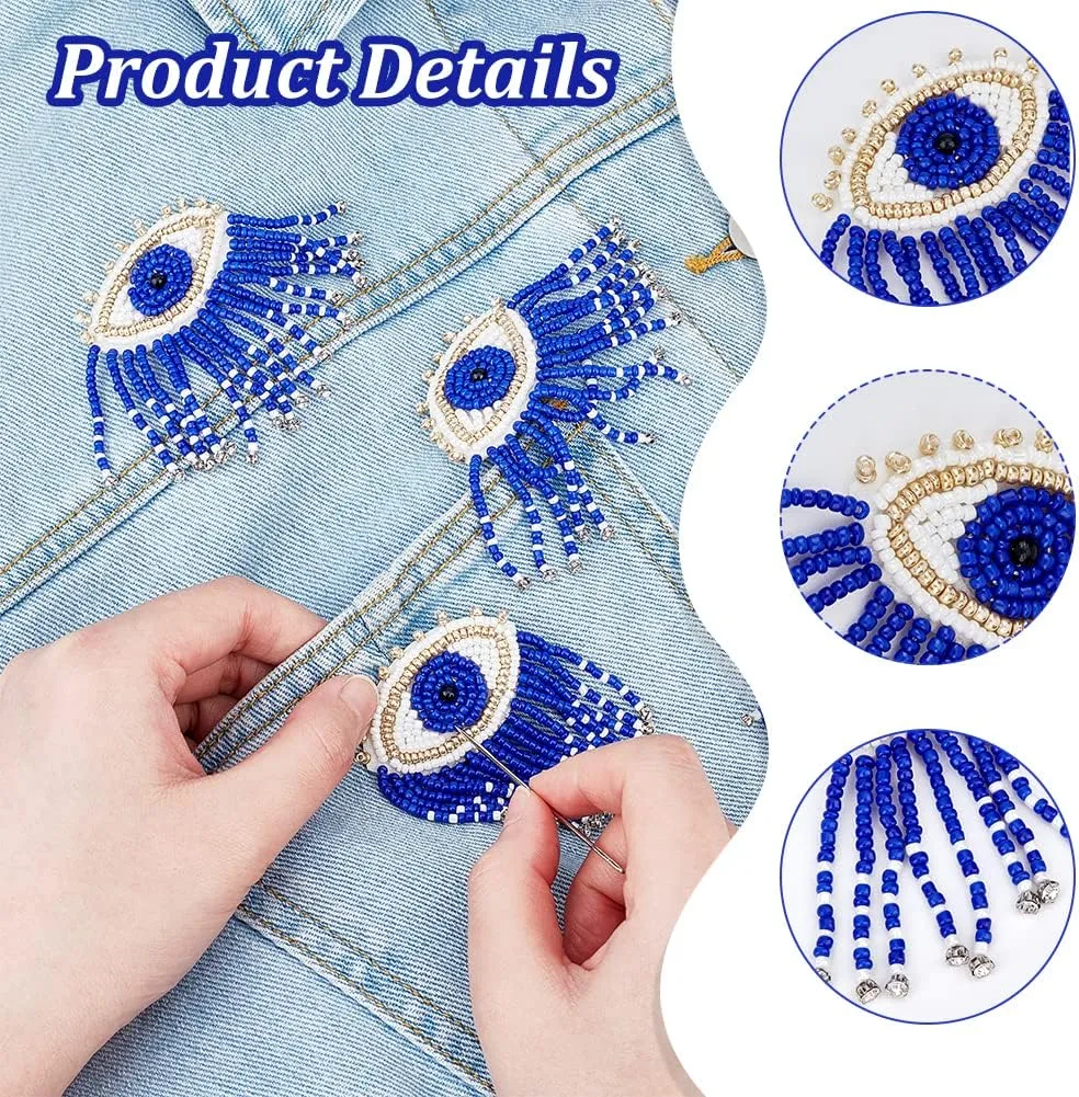 AHANDMAKER 4 Pcs Eye Beaded Patches for Clothes, Blue Evil Eye Sequined Patch with Beads Tassel Sew on Rhinestone Beaded Applique for Clothes Jackets Jeans Bags Embroidery Garment Accessory