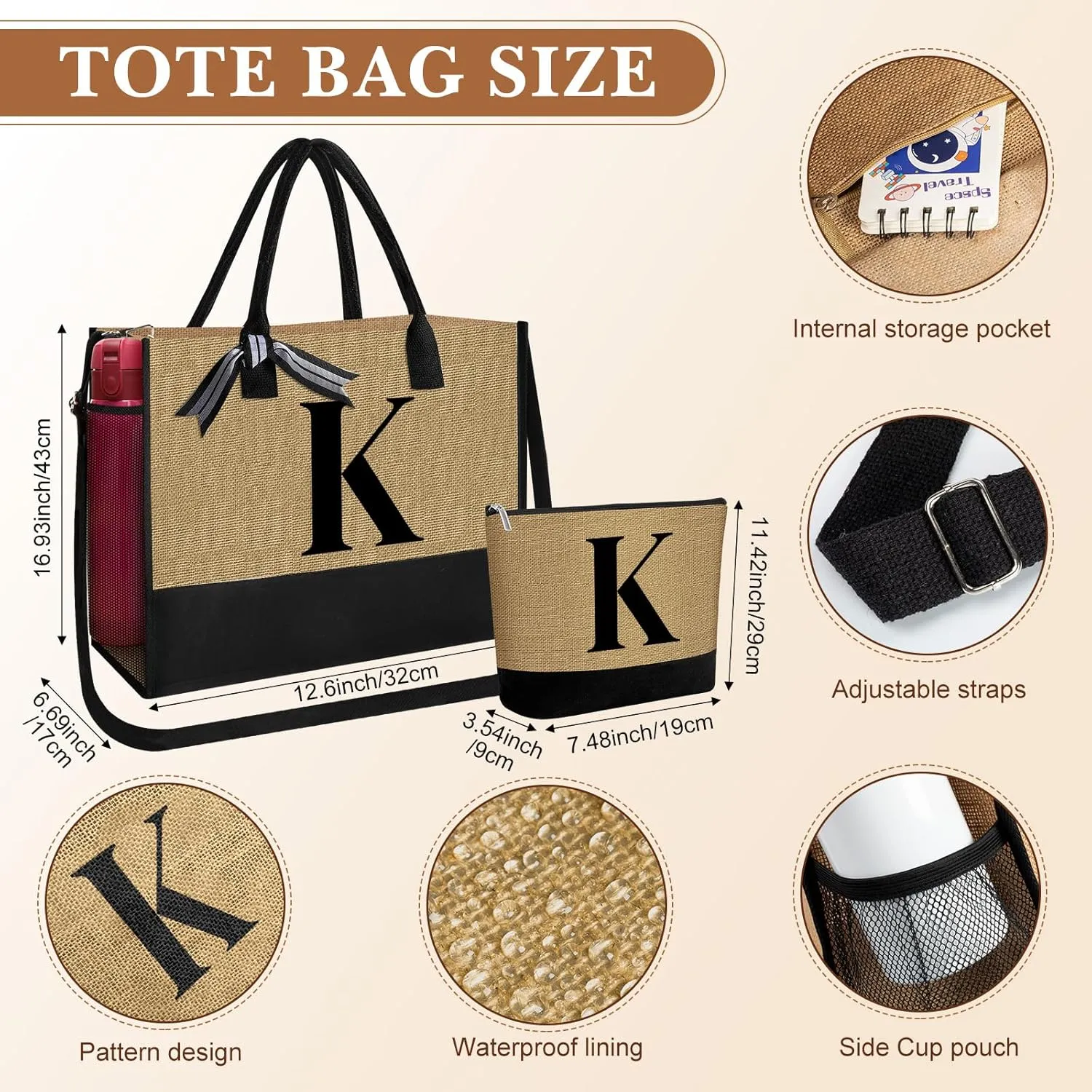 Aliceset Initial Gifts for Women Jute Tote Bag Teacher Gifts Makeup Bag Monogram Initial Glass Coffee Cup for Women