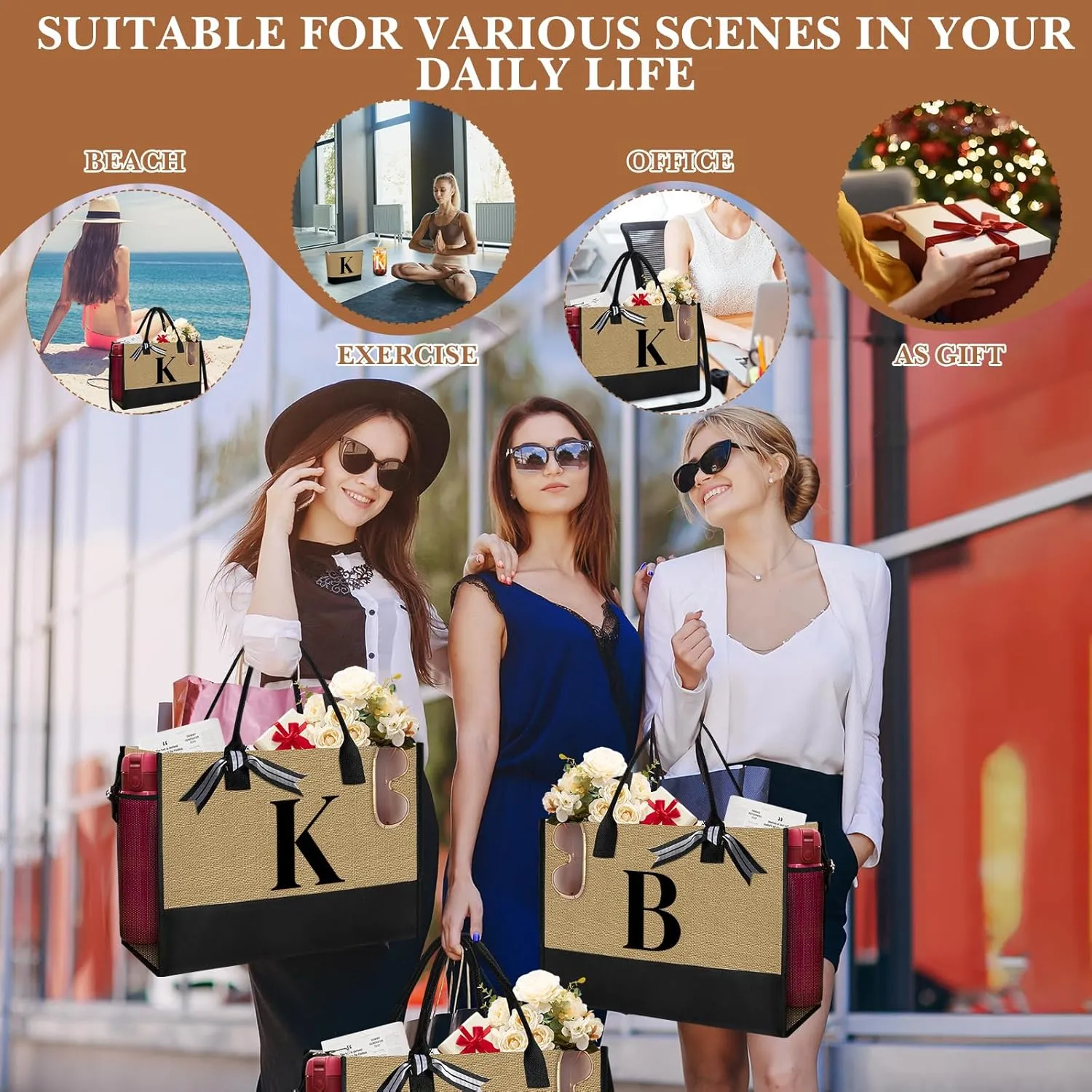 Aliceset Initial Gifts for Women Jute Tote Bag Teacher Gifts Makeup Bag Monogram Initial Glass Coffee Cup for Women