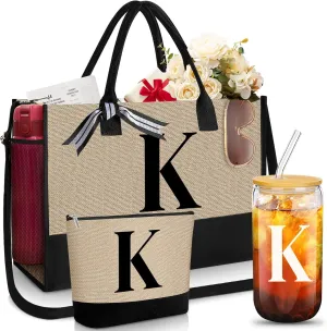 Aliceset Initial Gifts for Women Jute Tote Bag Teacher Gifts Makeup Bag Monogram Initial Glass Coffee Cup for Women