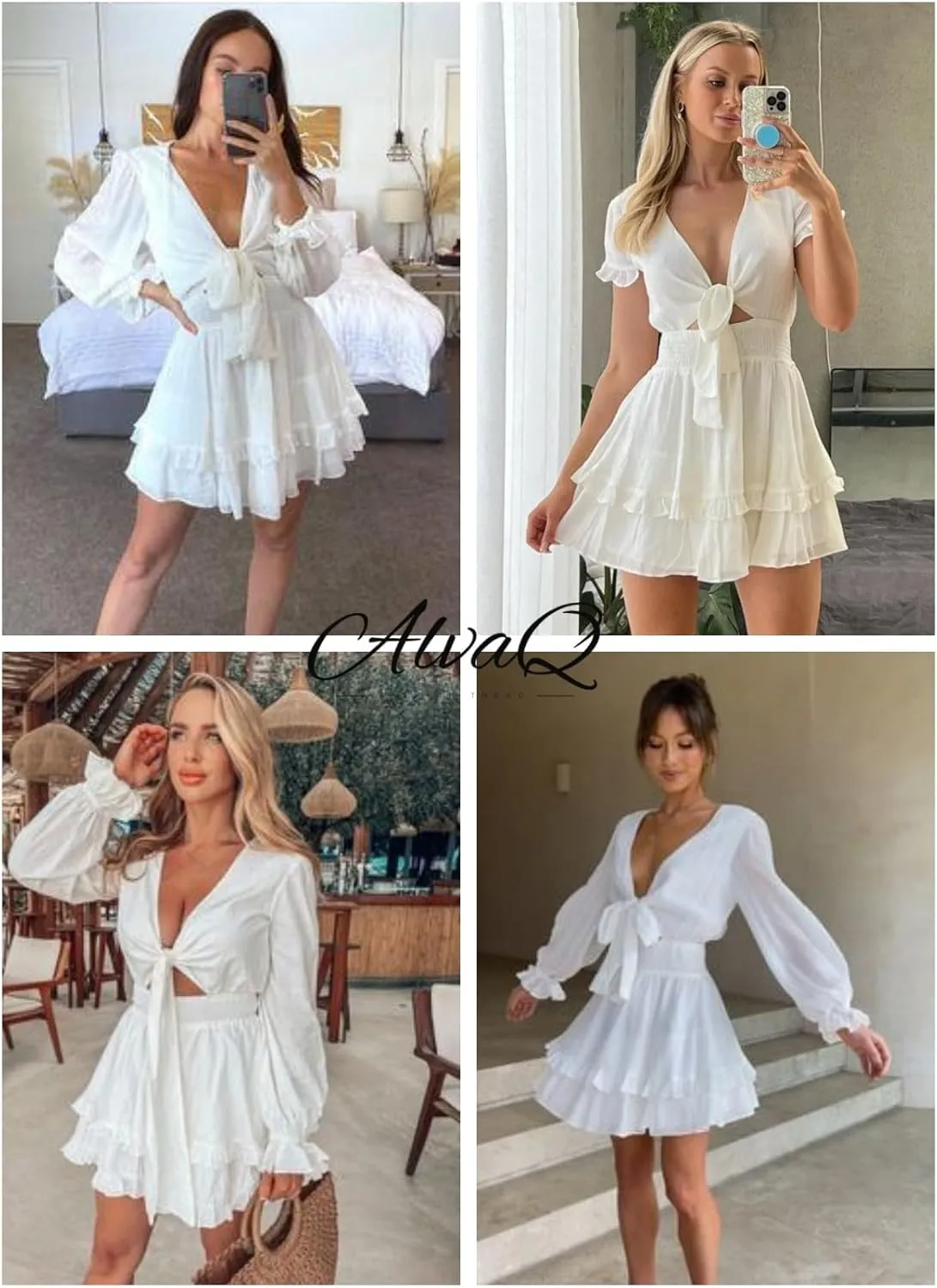 AlvaQ Womens Dresses Spring Summer Knot Front V Neck Ruffles Long Sleeve Floral Print Swing Mini Dress