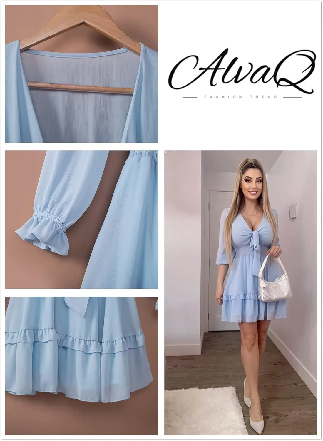 AlvaQ Womens Dresses Spring Summer Knot Front V Neck Ruffles Long Sleeve Floral Print Swing Mini Dress